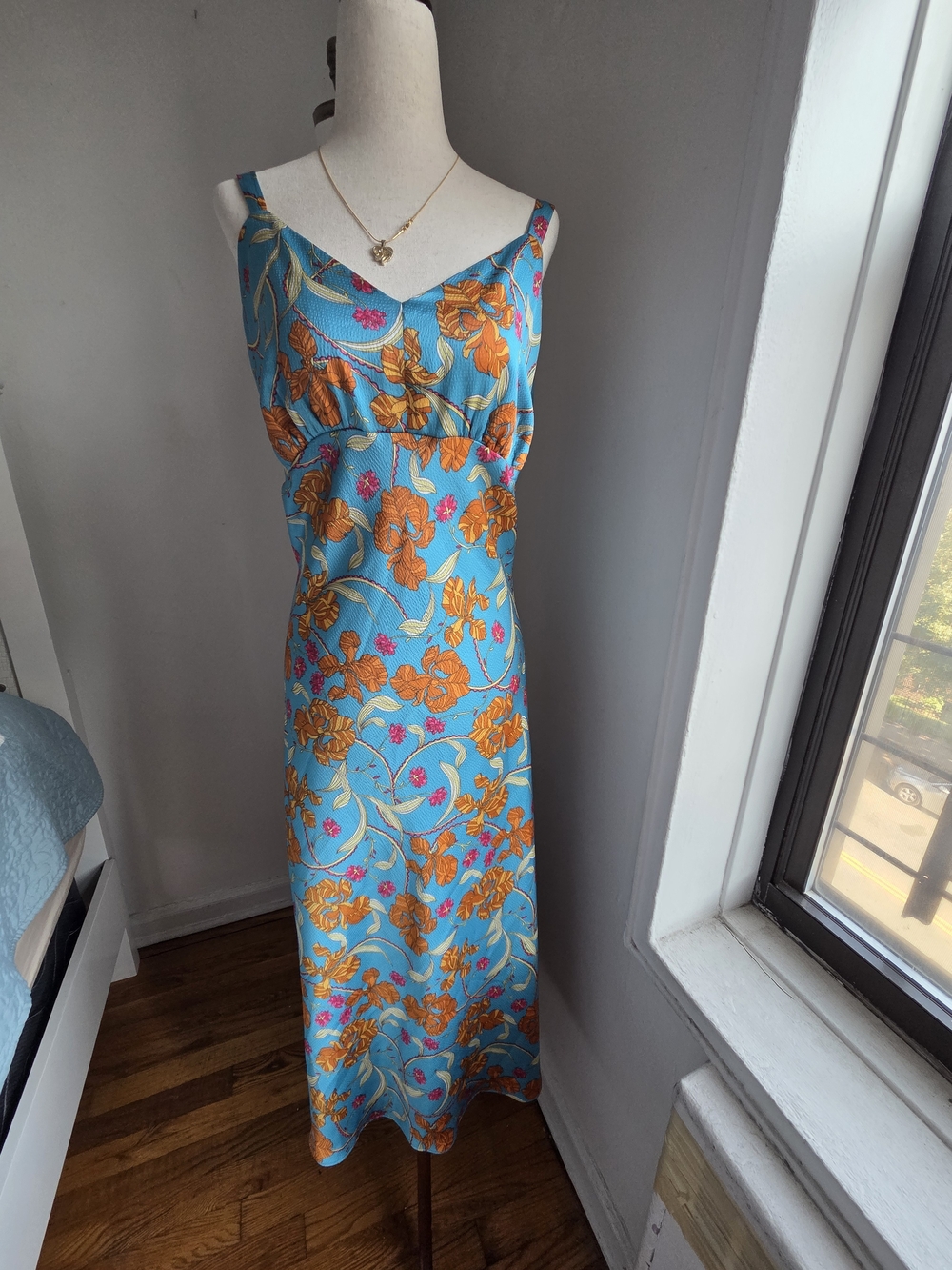 Sleeveless Floral Slip Dress in Turquoise and Orange